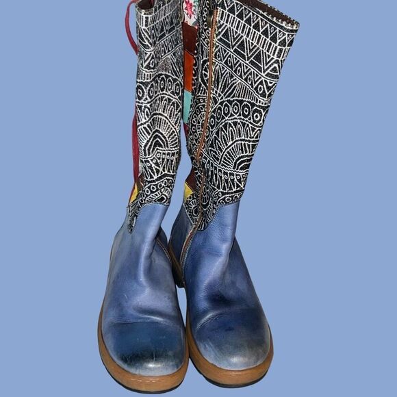 Socofy Bohemian Splicing Pattern Blue Leather Side Zip Back Lace Boot Size 7 7.5 - Picture 2 of 12